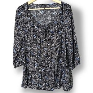 SOYA CONCEPT 100% Viscose Geometric Black/Cobalt Print Boho Blouse 3/4 Sleeve